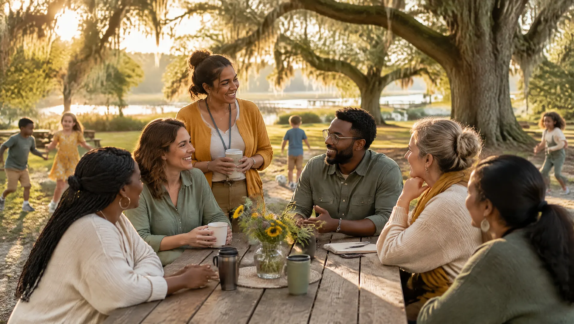 Parents and educators talking around a picnic table under oak trees while children play in the park behind them