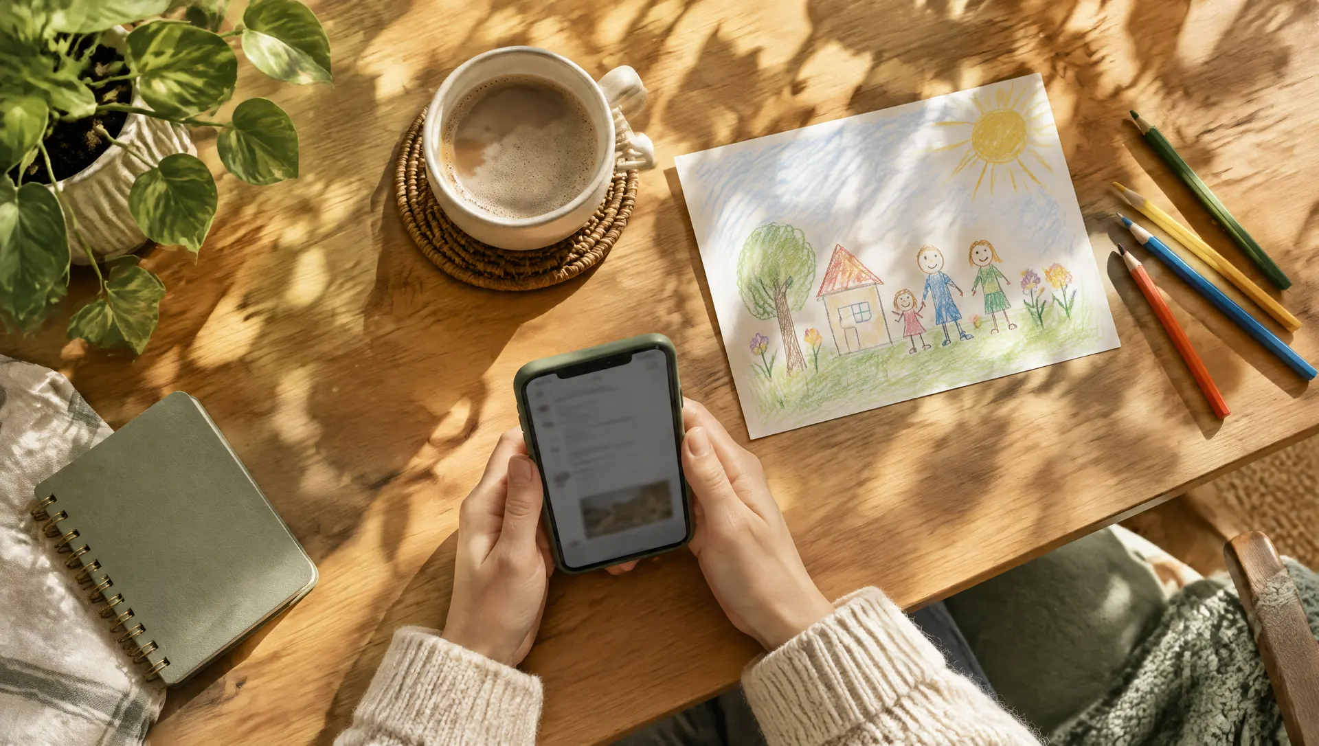 A parent looking up support on a phone at a sunny kitchen table, next to a child's drawing of their family and home