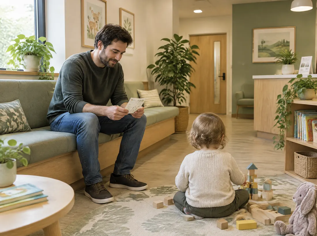 A father reading a resource card in a warm pediatric waiting room while his toddler plays
