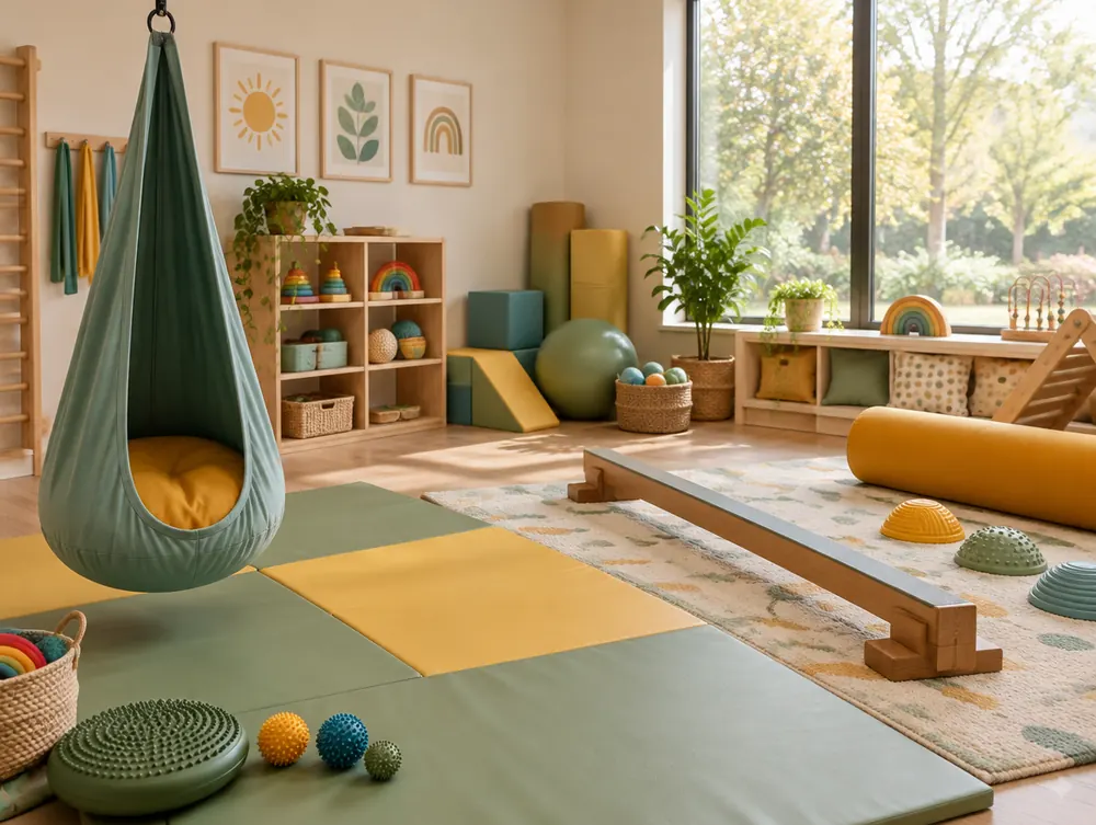 A sunny pediatric therapy room with a hanging swing, mats, and sensory toys
