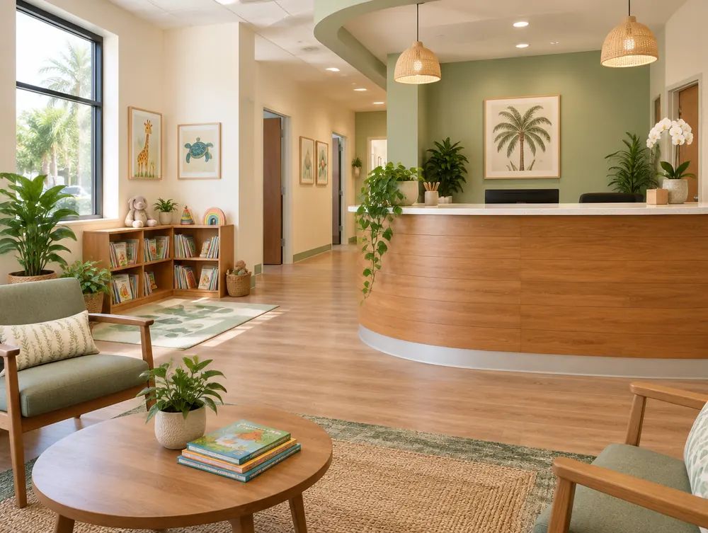 A warm pediatric office reception with plants and a children's bookshelf