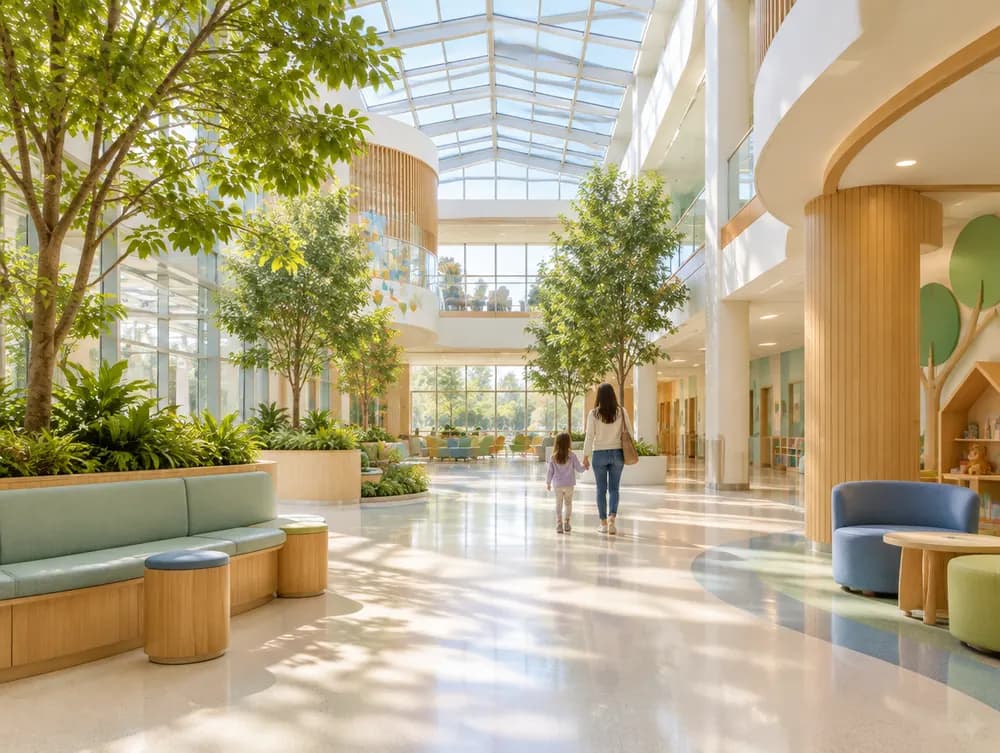 A bright children's hospital atrium with indoor trees and natural light
