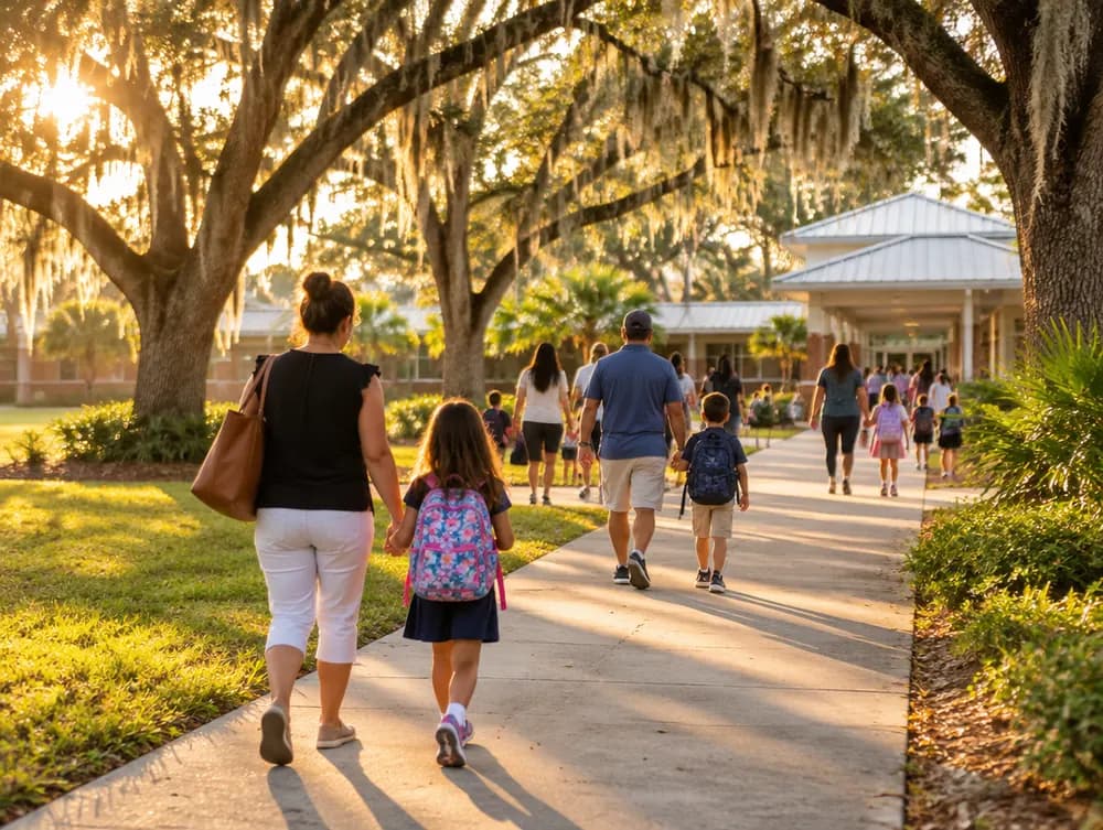 Parents and children walking to school under oak trees at afternoon pickup