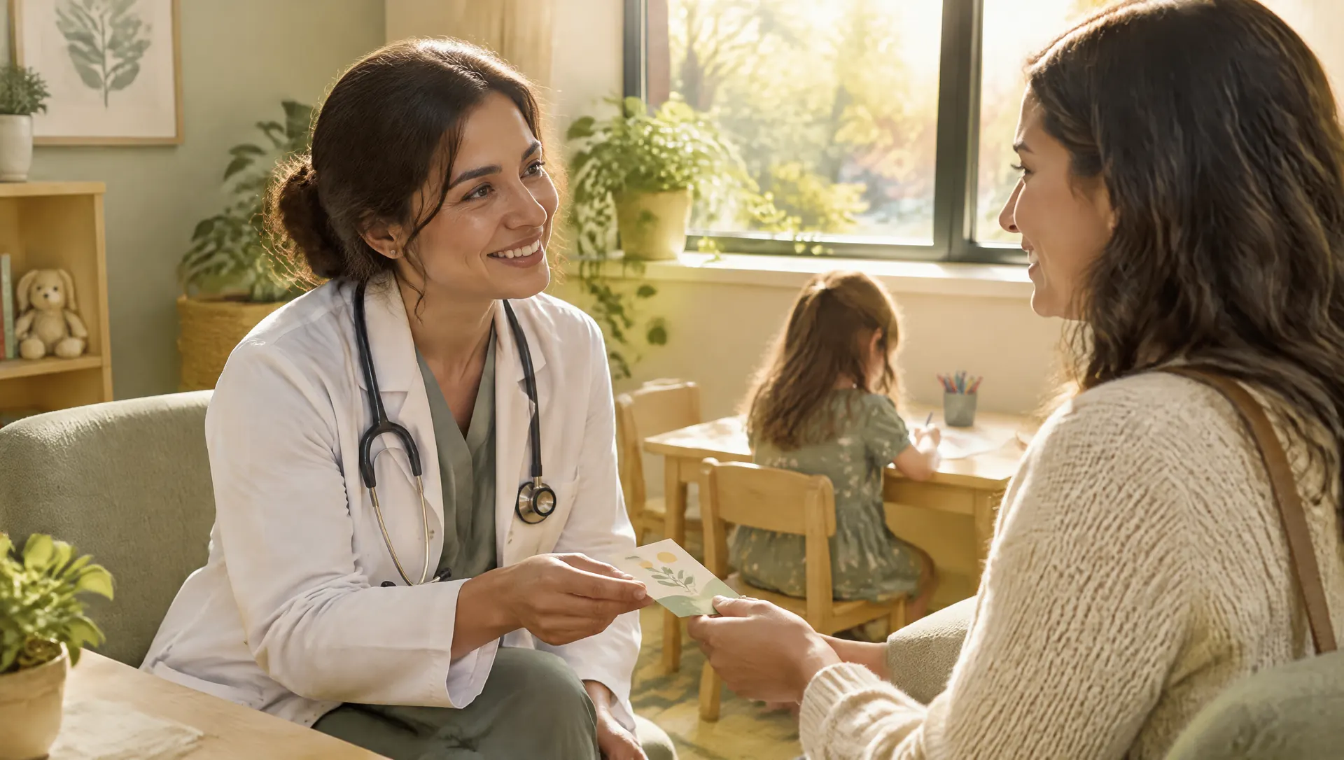 A pediatrician smiling as she hands a mother a resource card while a young girl draws nearby